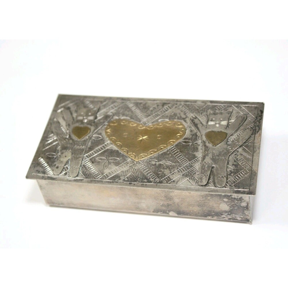 VTG OOAK Trinket Keepsake Box Handcrafted Silverplated Cats Brass Hearts #02